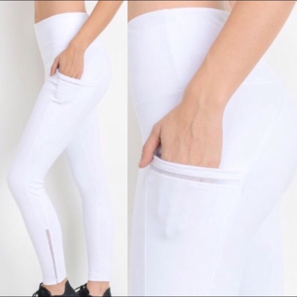 White High-Waisted Side Mesh & Slit Leggings - Picture 3 of 3